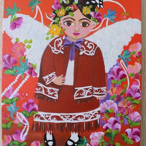May include: A painting of a young girl with wings, wearing a red dress with white trim and a flower crown. She is surrounded by pink and purple flowers and butterflies on a red background. The painting is signed "Concepcion 2016".