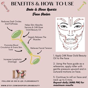 May include: A pink and green jade and rose quartz face roller with instructions on how to use it for reducing dark circles, puffiness, and promoting blood circulation. The instructions include a diagram of the face with arrows showing the direction to roll the roller.
