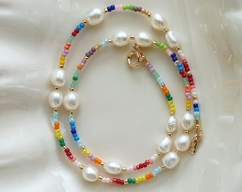 Rainbow seed bead pearl choker, colorful pearl seed bead necklace, summer multi colored jewelry, pearl rainbow collar, gift idea for women