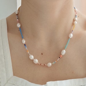 Multicolor seed bead and freshwater pearl necklace, colorful pearl necklace made of freshwater pearls and glass beads, gift idea for her