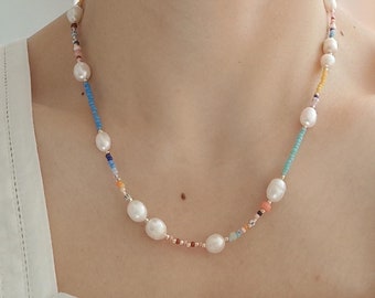 Multicolor seed bead and freshwater pearl necklace, colorful pearl necklace made of freshwater pearls and glass beads, gift idea for her