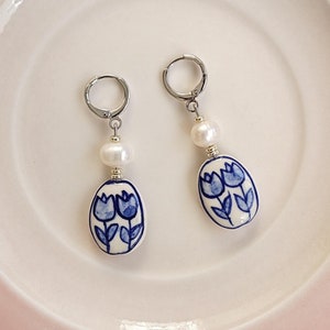 Pearl and ceramic earrings, pearl porcelain earrings, blue flower dangle earrings, ceramic jewelry, gift for women/mom/wife/grandmother/her