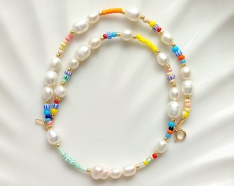 Colorful pearl mixed beads necklace, rainbow beads pearl choker, pearl necklace with different beads, summer beach jewelry, handmade gift