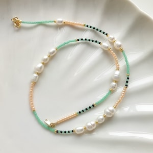 Dainty pearl and seed bead necklace, light orange and green seed bead choker, summer layered necklace, pearl jewelry gift for women/her/mom