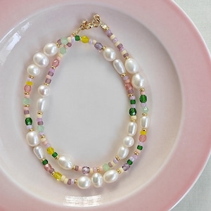 Mixed beads pearl necklace, pearl choker with colorful beads, rainbow beaded necklace, pearl jewelry, beach surf vibes, gift for her/friend