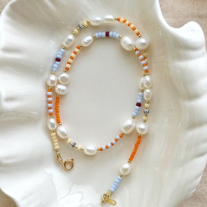 Orange and blue beaded pearl necklace, freshwater pearl and beads choker, colorful seed bead jewelry, delicate layer necklace, gift for her