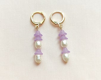 Purple morning glory pearl earrings, pearl and flower hoops, aesthetic flower dangle earrings, cute jewelry gift for women / girls / wife