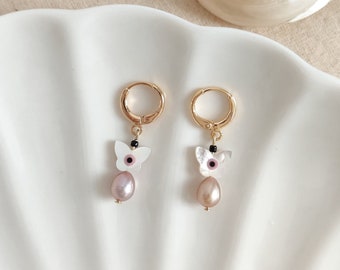 Handmade butterfly purple pearl earrings, lavender pearl gold hoop earrings, cute pearl jewelry, gift for her/bridesmaid/wife/girlfriend