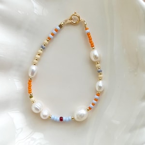 Blue and orange beaded bracelet, pearl mixed beads bracelet, summer stack bracelet, beach/surf/vacation jewelry, handmade gift idea for her