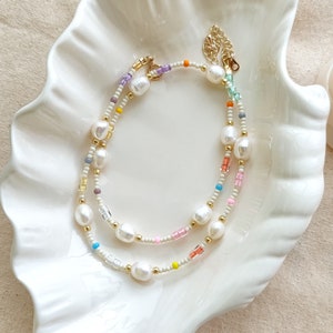 Handmade pearl and colorful seed bead necklace, rainbow beads pearl choker, layering necklace, summer beach jewelry, gift idea for her