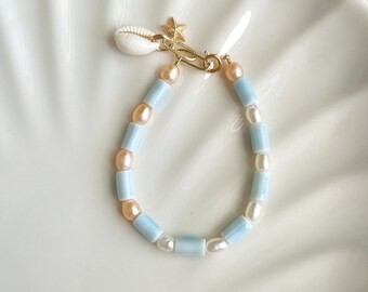 Handmade light blue ceramic pearl bracelet with shell and starfish charm, delicate porcelain pearl summer jewelry, gift for women/friend