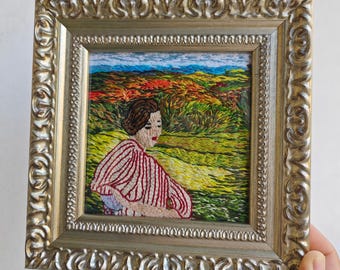 Hand embroidery art finished, people embroidered vintage frame, landscape wall hanging, women thread painting, home decor housewarming gift