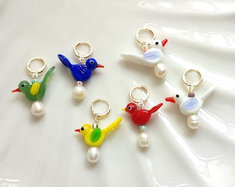 Handmade colorful mismatched bird earrings, pearl and glass bird unique statement earrings, bird lover jewelry gift for her, 18K gold plated