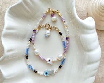 Handmade Fish / Butterfly evil eye bracelet set, pearl and purple blue beaded bracelet, unisex jewelry for her/him/women/couple/friend