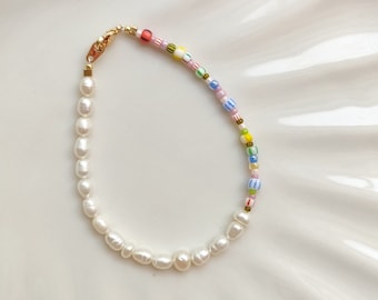 Mismatched half pearl colorful seed bead bracelet, dainty pearl mixed beads bracelet, rainbow pearl bracelet, boho jewelry, gift for her