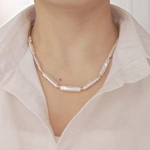 Baroque long pearl with gold beads necklace, Baroque pearl choker, Baroque pearl  layering necklace, delicate jewelry gift for her/women/mom