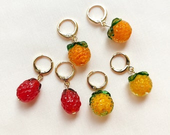 Handmade colorful glass fruit earrings, Raspberry / Lemon / Orange beads, summer cute hoops, bright jewelry, gift for her, 18K gold plated