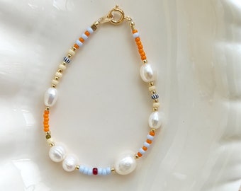 Blue and orange beaded bracelet, pearl mixed beads bracelet, summer stack bracelet, beach/surf/vacation jewelry, handmade gift idea for her