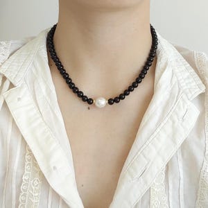 Natural black agate pearl necklace, single pearl choker, gemstone pearl necklace, statement black jewelry, gift for her/women/friend/mom