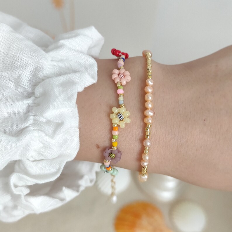 Handmade pink pearl gold seed bead bracelet, pink seed pearl jewelry, stackable bracelets for women, beach vibes, gift idea for her image 3