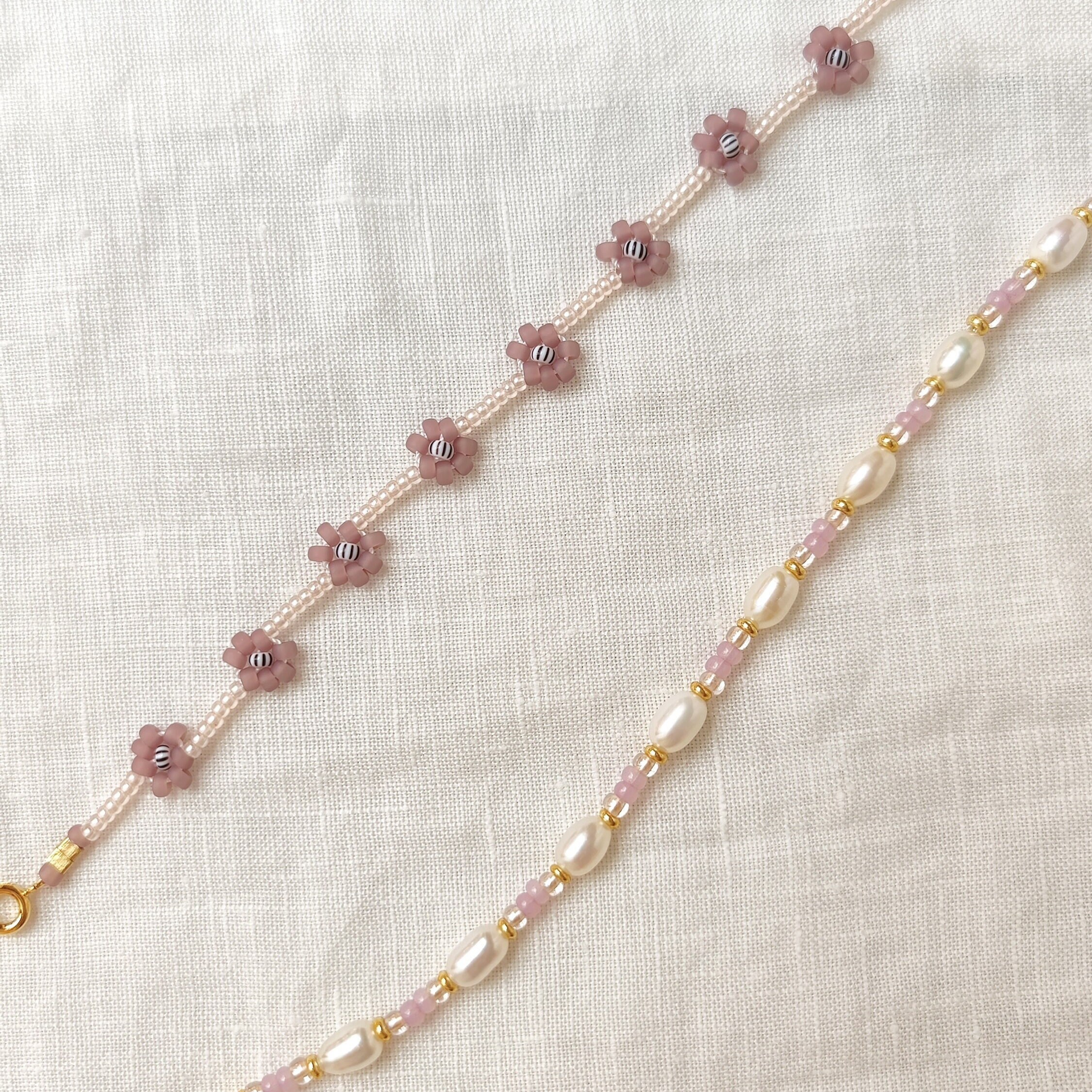 Handmade Pearl Flower Bracelet Set, Pink and Purple Seed Bead Bracelet