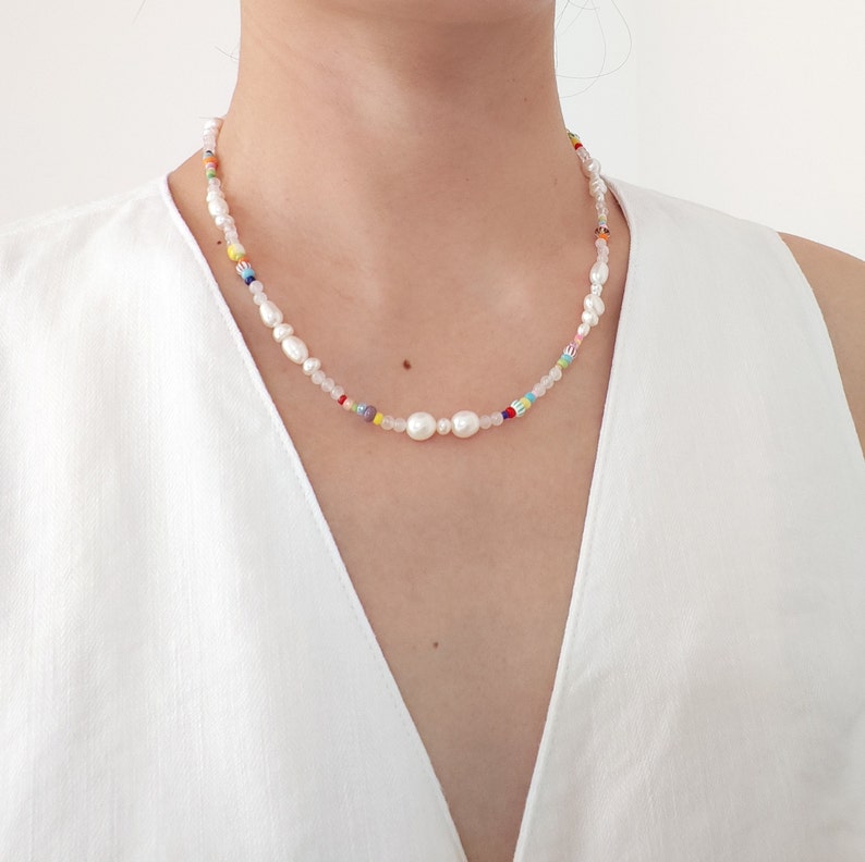 Handgemaakte parel en roze kristallen ketting, ketting met gemengde kralen, ketting met verschillende kralen, armbandenset, sieradencadeau-idee voor vrouwen/haar/vrouw afbeelding 4