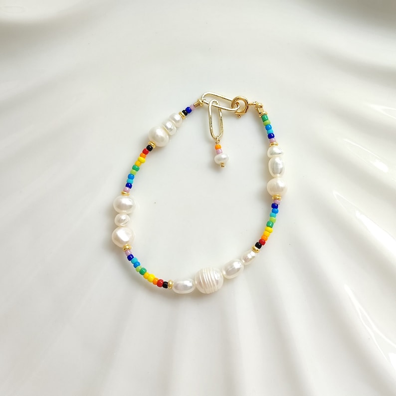 Colorful rainbow beaded pearl necklace, pearl and seed bead necklace, handmade pearl jewelry set, dainty necklace bracelet set for women Bracelet
