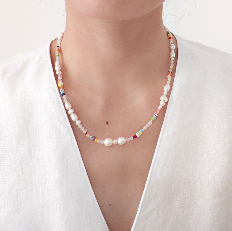 Handgemaakte parel en roze kristallen ketting, ketting met gemengde kralen, ketting met verschillende kralen, armbandenset, sieradencadeau-idee voor vrouwen/haar/vrouw afbeelding 5