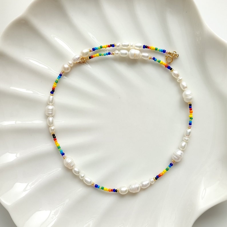 Colorful rainbow beaded pearl necklace, pearl and seed bead necklace, handmade pearl jewelry set, dainty necklace bracelet set for women Necklace