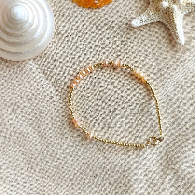 Handmade pink pearl gold seed bead bracelet, pink seed pearl jewelry, stackable bracelets for women, beach vibes, gift idea for her image 6