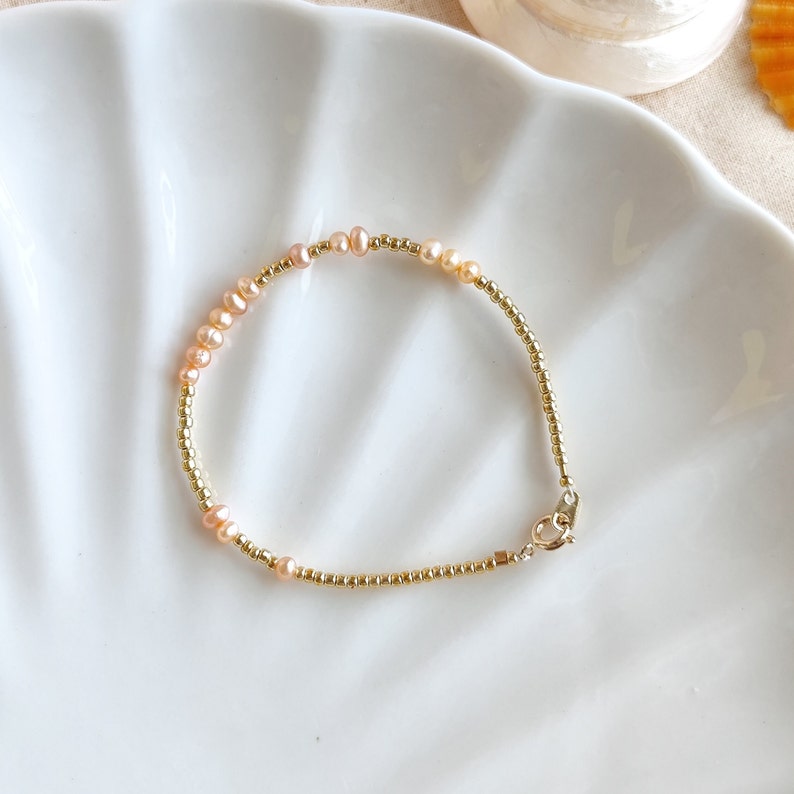 Handmade pink pearl gold seed bead bracelet, pink seed pearl jewelry, stackable bracelets for women, beach vibes, gift idea for her image 2