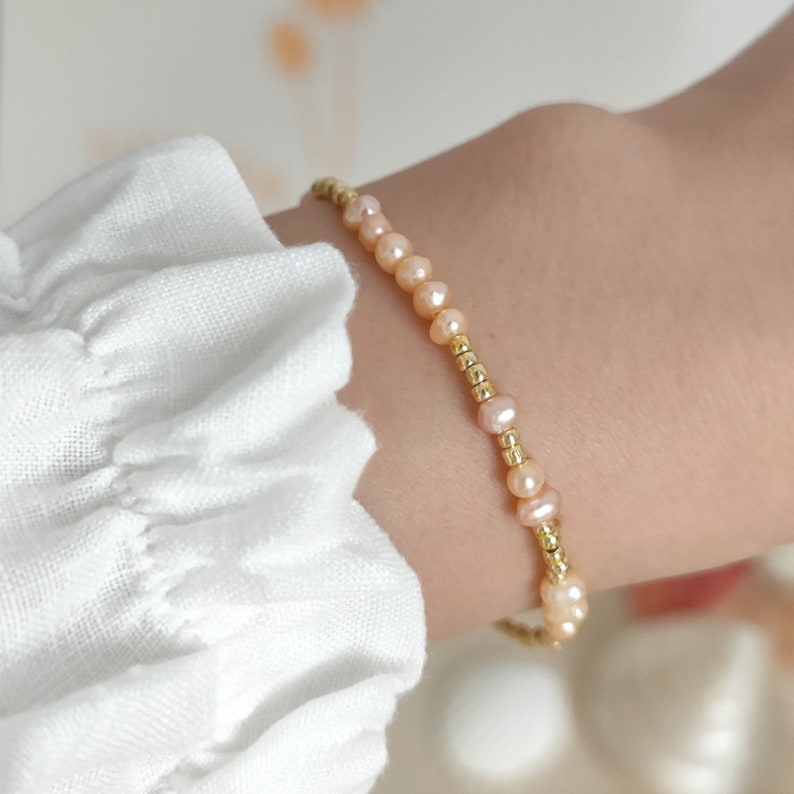 Handmade pink pearl gold seed bead bracelet, pink seed pearl jewelry, stackable bracelets for women, beach vibes, gift idea for her image 1