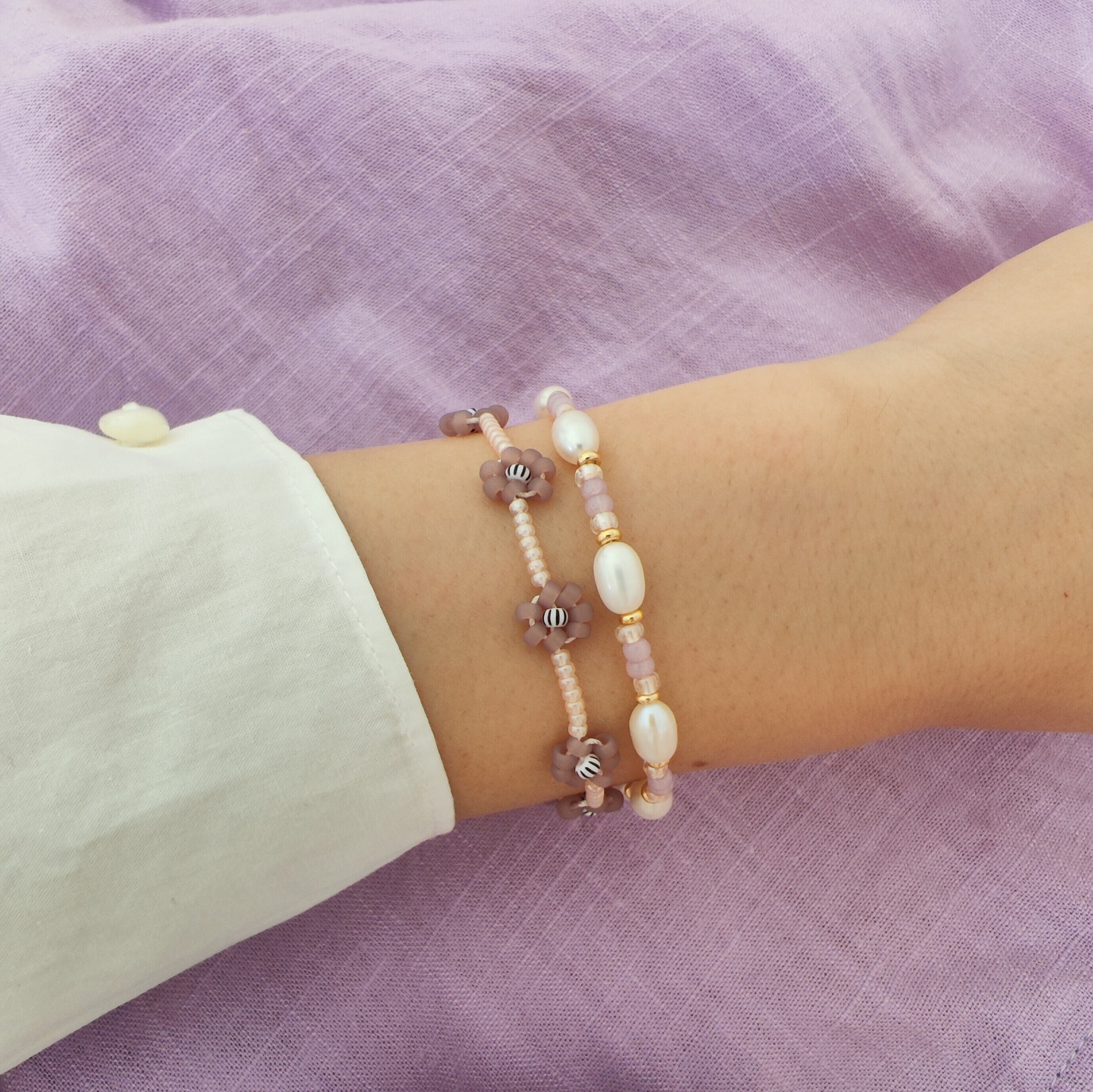 Handmade Pearl Flower Bracelet Set, Pink and Purple Seed Bead Bracelet