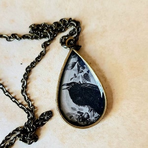 Poe Raven Teardrop Literary Pendant with Necklace Vintage Book Page Audubon Illustration Antique Bronze