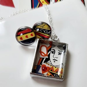 Queen of Hearts Playing Card Reversible Square Pendant with Red Swarvski Crystal Earring Set