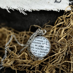 Witchy Woman Crescent Moon Rotating Pendant Vintage Dictionary Jewelry