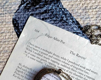 Quoth the Raven Rotating Crescent Moon Pendant Poe Vintage Dictionary Ephemera Necklace