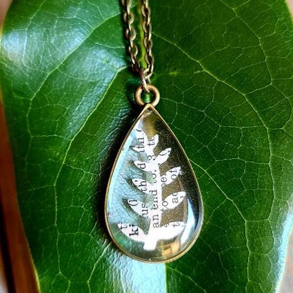 Tree necklace literary paper resin jewelry fern from book page