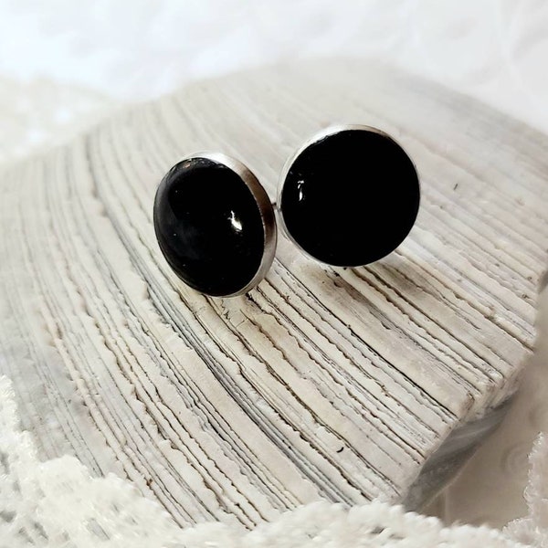 Coal Stud Earrings-Resin -Anthracite Jewelry-Coal Miner-Gift for Him or Her-Black Circle Silver Earrings