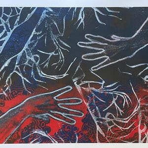 May include: Abstract art print with a dark color palette. The artwork features white, skeletal-like shapes and outlines of hands against a backdrop of red, blue, and black. The print has a textured appearance.