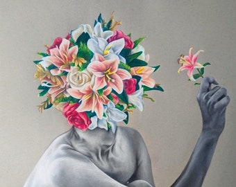 Inner Thoughts - Lily Print (Featured in Times Square!) - Charcoal and Colored Pencil Drawing