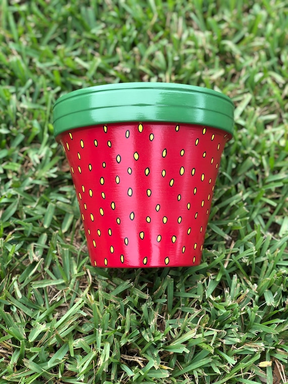 Strawberry Themed Hand Painted Terra Cotta Flower Pot, 6 Inch