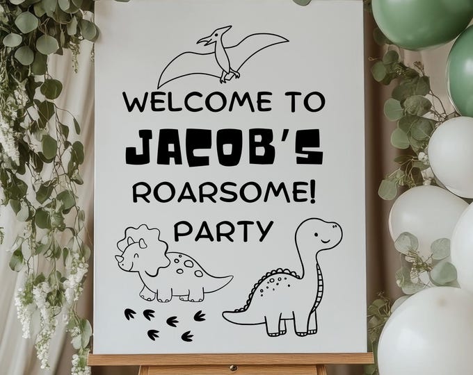 Custom Designed Dinosaur Childrens Birthday Party Vinyl Decal- Personalised with your Details - Choose Your Font, Colour and Size
