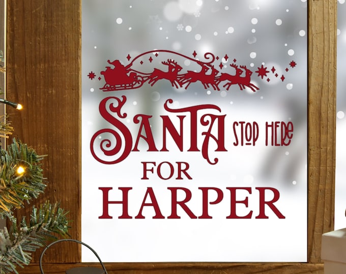 Personalised Christmas Wall Sticker, Santa Stop Here, Decoration Window Vinyl Names Kids