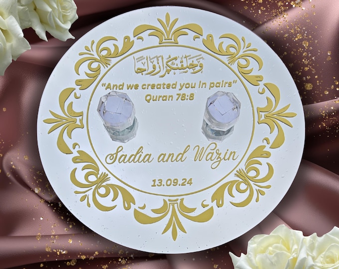 Personalised Wedding Nikkah Glass Mirror Ring Plate with Ring Holders 30.5cm | Islamic Wedding | Engagement Gift