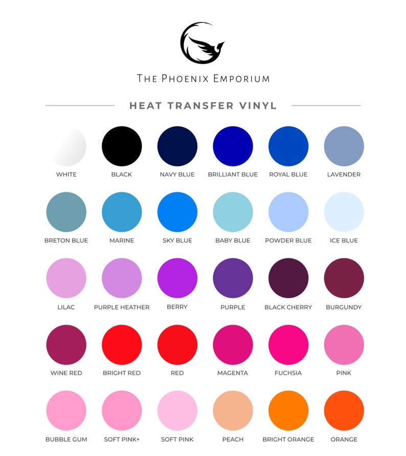 May include: Color chart showing 24 different heat transfer vinyl colors. The colors are arranged in rows and columns, with the names of each color listed below. The colors include white, black, navy blue, brilliant blue, royal blue, lavender, breton blue, marine, sky blue, baby blue, powder blue, ice blue, lilac, purple heather, berry, purple, black cherry, burgundy, wine red, bright red, red, magenta, fuchsia, pink, bubble gum, soft pink+, soft pink, peach, bright orange, and orange.