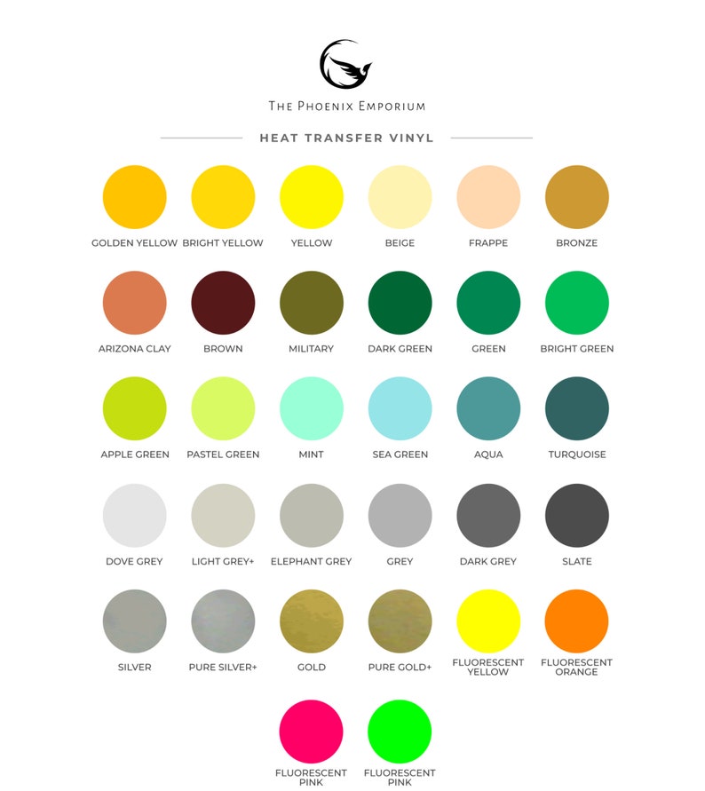 May include: A color chart showing 24 different heat transfer vinyl colors. The colors are arranged in rows and columns, with the names of each color listed below. The colors include golden yellow, bright yellow, yellow, beige, frappe, bronze, Arizona clay, brown, military, dark green, green, bright green, apple green, pastel green, mint, sea green, aqua, turquoise, dove grey, light grey, elephant grey, grey, dark grey, slate, silver, pure silver, gold, pure gold, fluorescent yellow, fluorescent orange, fluorescent pink, and fluorescent pink.
