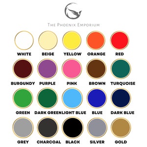 Pode incluir: Um gr&aacute;fico de cores da The Phoenix Emporium, com 20 amostras de cores em uma grade. As cores incluem branco, bege, amarelo, laranja, vermelho, bord&ocirc;, roxo, rosa, marrom, turquesa, verde, azul esverdeado escuro, azul, azul escuro, cinza, carv&atilde;o, preto, prata e ouro.