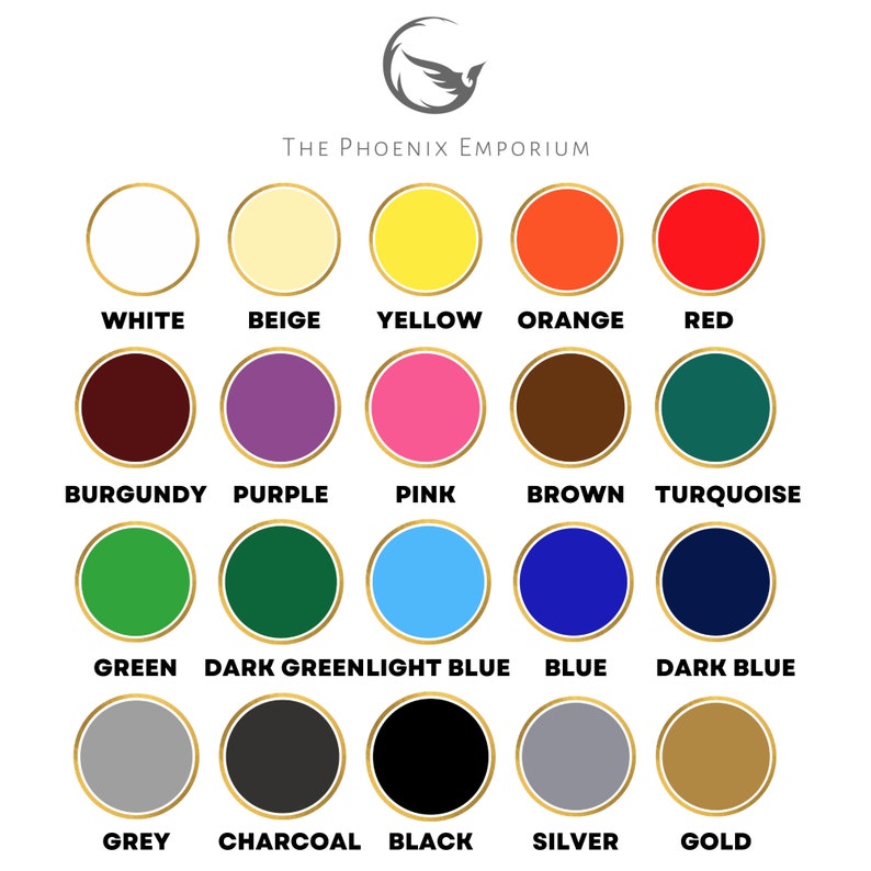 Pode incluir: Um gr&aacute;fico de cores da The Phoenix Emporium, com 20 amostras de cores em uma grade. As cores incluem branco, bege, amarelo, laranja, vermelho, bord&ocirc;, roxo, rosa, marrom, turquesa, verde, azul esverdeado escuro, azul, azul escuro, cinza, carv&atilde;o, preto, prata e ouro.