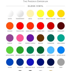 Puede incluir: Una tabla de colores que muestra 24 colores diferentes de vinilo brillante. Los colores est&aacute;n dispuestos en filas y columnas, con los nombres de cada color impresos debajo del c&iacute;rculo correspondiente.